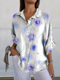 Dreamy Blue-Purple Flowers Women’s Print Casual Linen V-Neck Shirt Multicolor / S