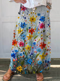 Women’s Vintage Floral Art Printed Linen Pocket Skirt Multicolor / S