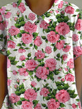 Pink French Rose Pattern Printed Women’s Casual Cotton And Linen Shirt