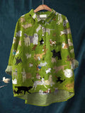 Women’s Cute Dog Art Print Casual Cotton And Linen Shirt Multicolor / S