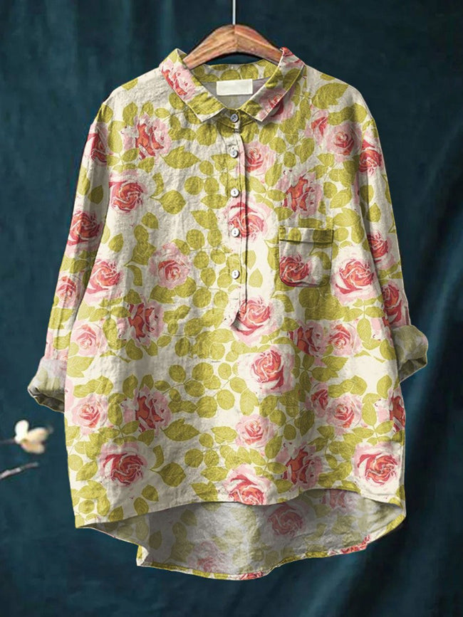 Women's Floral Art Print Casual Cotton And Linen Shirt