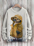 Cute Yellow Raincoat Duck Art Print Casual Knit Pullover Sweater