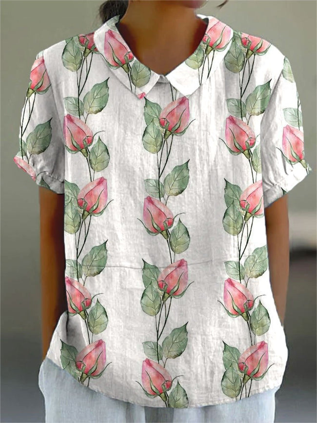 Women’s Rose Flower Print Casual Cotton And Linen Shirt Multicolor / S