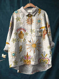 Vintage Ethnic Pattern Art Print Casual Cotton And Linen Shirt Multicolor / S