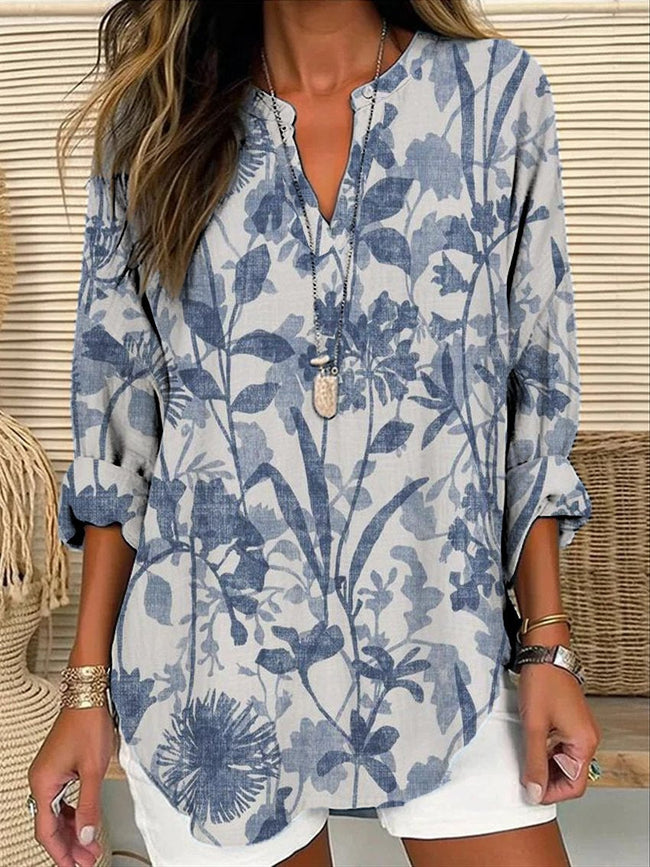 Women’s Blue Floral Print Casual Linen V-Neck Shirt Multicolor / S