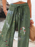 Woodland And Animal Pattern Printed Women’s Cotton Linen Casual Pants