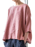 Women’s Solid Color Loose Elegant Casual Cotton And Linen T-Shirt Pink / S