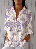 Women’s Purple Floral Print On White Casual Linen V-Neck Shirt Multicolor / S