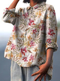 Women’s Yellow And Red Floral Print On Pink Background Casual Cotton And Linen Shirt