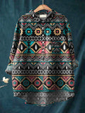 Tribal Geometric Pattern Printed Women’s Casual Cotton And Linen Shirt Multicolor / S