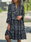 V-Neck Flare Sleeve Pattern Print Summer Dress Black / S