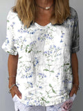 Women’s Blue Floral Print On White Background Casual Cotton And Linen Shirt Multicolor / S