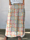 Spring Daisy Floral Pattern Printed Women’s Linen Pocket Skirt