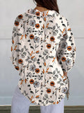 Women’s Simple Drawing Orange Flower Print Casual Linen V-Neck Shirt