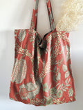 Vintage Red Floral Print Linen Tote Bag