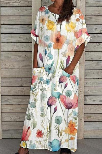 Women’s Colorful Watercolor Floral Print Linen Pocket Dress Multicolor / S