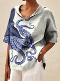 Women’s Deep Sea Octopus Tentacles Art Print Casual Linen V-Neck Shirt Multicolor / S