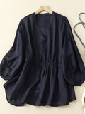 Women’s Spring Summer Cotton And Linen Five-Quarter Sleeve Shirt Navy / M