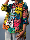 Women’s Colorful Cat Print Casual Cotton And Linen Shirt