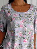 Elegant Pink French Rose Pattern Printed Women’s Casual Cotton Shirt