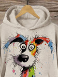 Retro Christmas Rainbow Watercolor Dog Art Print Casual Hoodie Sweatshirt