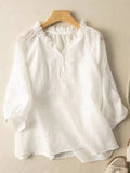 Embroidery Flower Cotton And Linen V-Neck Seventh Sleeve Blouse White / M