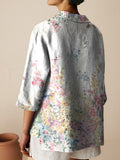 Women’s Vintage Botanical Floral Print Casual Linen Cotton 3/4 Sleeve Shirt