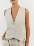 Women’s Solid Color Loose Elegant Casual Cotton And Linen Sleeveless Suit