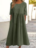 5-Quarter Sleeve Casual Loose Solid Color Cotton And Linen Dress Green / S