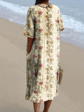 Women’s Vintage Rose Print Pocket Linen Dress（Convertible Dress With Front And Back Option）