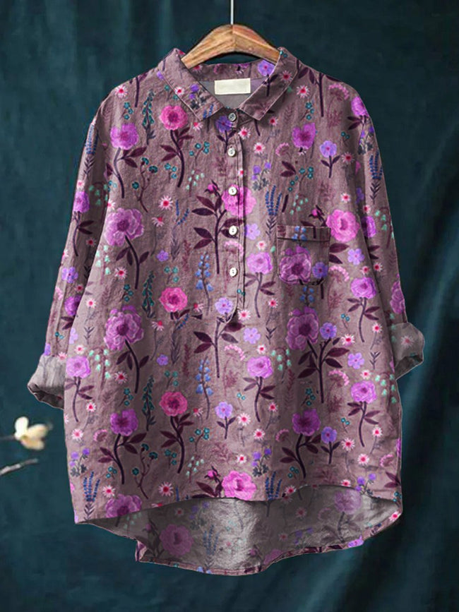 Women’s Floral Art Print Casual Cotton And Linen Shirt Multicolor / S