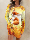 Women's Funny Fox Print Casual Knitted Sweater Dress