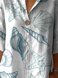 Summer Line Drawing Sea Shell Pattern Printed Women’s Casual Cotton Linen Shirt