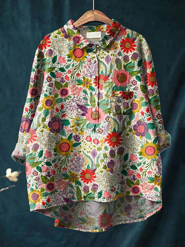 Women’s Floral Art Print Casual Cotton And Linen Shirt Multicolor / S