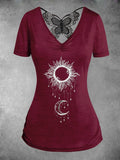 Women’s Sun Moon Butterfly Lace Design T-Shirt Red / S