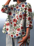 Women’s Elegant Red And Blue Floral Print Casual Cotton And Linen Shirt