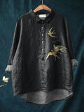 Women’s Vintage Ethnic Lovely Birds Art Print Casual Cotton And Linen Shirt Black / S