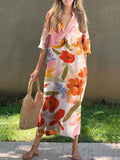 Women’s Vintage Art Floral V-Neck Linen Pocket Dress