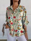 Women’s Flowers Print Casual With Bow At Back Linen Shirt