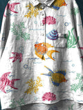 Vintage Lovely Sea Life Art Print Casual Cotton And Linen Shirt