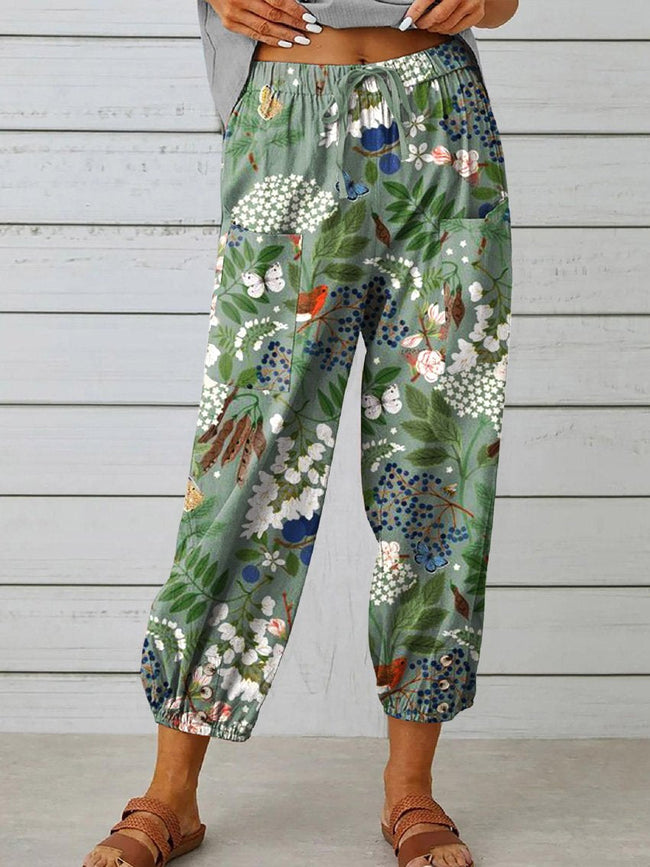 Women's  Floral Art Printed Cotton And Linen Casual Pants