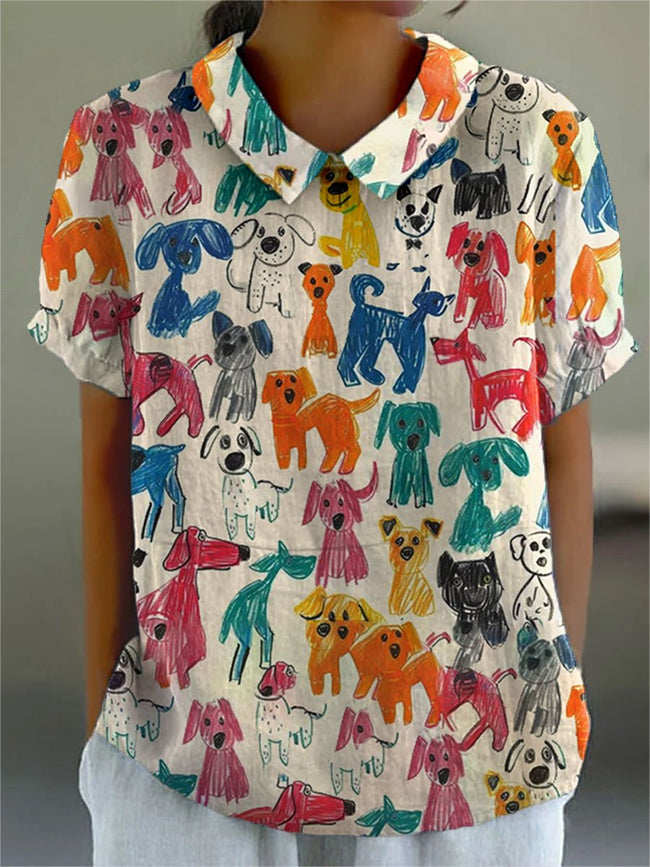 Women’s Cute Kid Drawing Dog Print Casual Cotton And Linen Shirt Multicolor / S