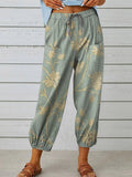 Women’s Retro Elegant Floral Art Printed Cotton And Linen Casual Pants Green / S