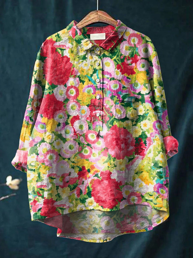 Women’s Flower Print Casual Cotton And Linen Shirt Multicolor / S