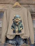 Animal Cool Cat Casual Print Sweatshirt