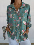 Rustic Vintage Print Women’s Casual Linen V-Neck Shirt Multicolor / S