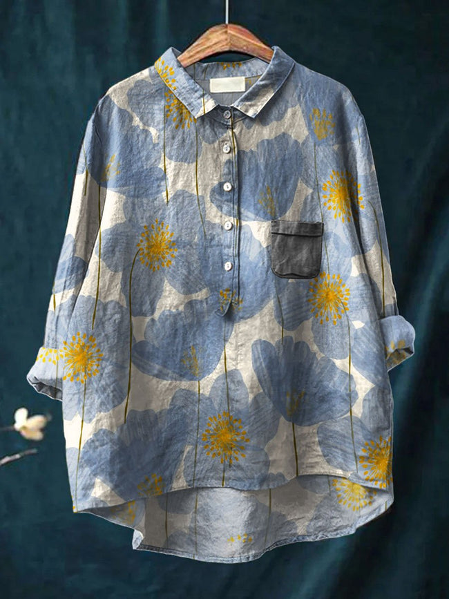 Women’s Vintage Floral Pattern Art Print Casual Cotton And Linen Shirt Multicolor / S