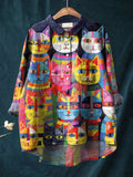 Vintage Lovely Cats Art Print Casual Cotton And Linen Shirt Multicolor / S