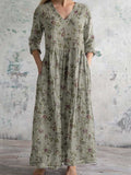 Women’s Elegant Floral V-Neck Cotton Dress Green / S