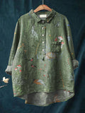 Woodland And Animals Repeat Pattern Printed Women’s Casual Cotton Linen Shirt Green / S